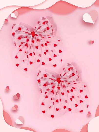 2pcs Valentine's Day Hair Bows For Girls Red Heart Pattern Mesh Bow French Clips Cute Sweet Bow Hair Clips Valentine's Day Gifts Bow Barrettes Teens Hair Accessories