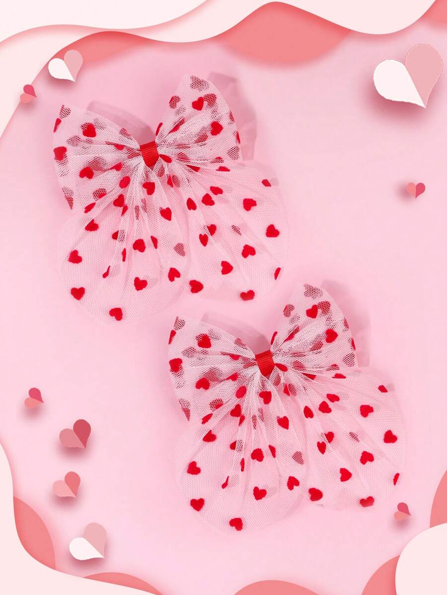 2 Presilhas de Cabelo para Menina para o Dia dos Namorados, Presilhas de Cabelo com Laço de Malha com Estampa de Coração Vermelho, Presilhas de Cabelo com Laço Fofas e Delicadas, Presente de Dia dos Namorados, Presilhas de Cabelo com Laço, Adequadas para Adolescentes - Multicolorido - Ver 1