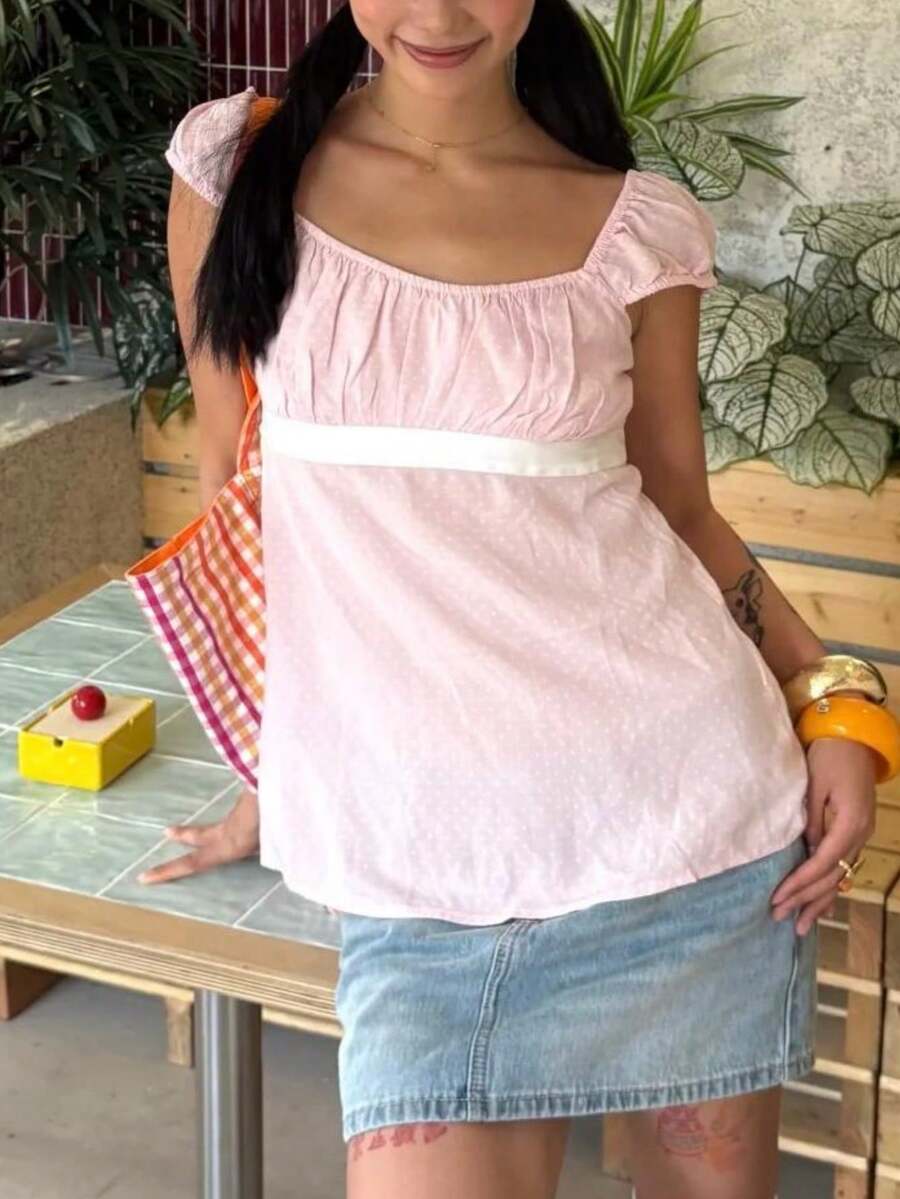 Women Y2K Fairy Grunge Babydoll Shirt Top Polka Dots Print Scoop Neck Back Bow Tie Up Flowy T Shirts Summer Cap Sleeve Back Smocked Slim Fit Crop Tank Tops Teen Girsl Cute Preppy Going Out Tee Top Vintage Aesthetic Fairycore Clothes Streetwear - 粉色 - 查看 1