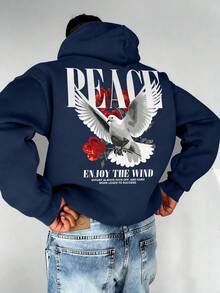 Men's Casual Fashionable Versatile Peace Graphic Drawstring Hoodie With Kangaroo Pocket, Autumn/Winter - Navy Blue - View 1