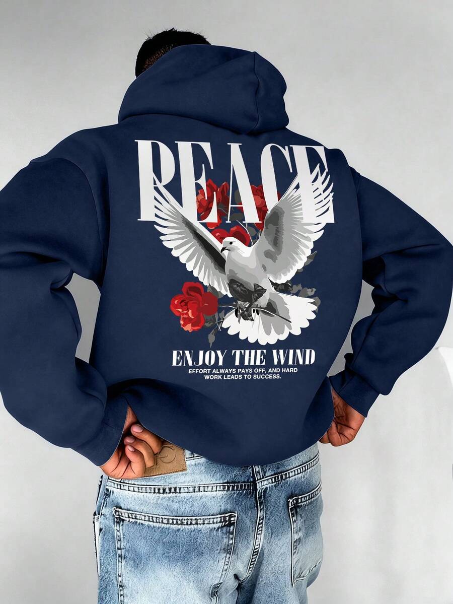 Men's Casual Fashionable Versatile Peace Graphic Drawstring Hoodie With Kangaroo Pocket, Autumn/Winter - Navy Blue - View 1
