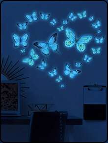 1pc Luminous Blue Butterfly Pattern Sticker With 25 Dots, Removable Waterproof Vinyl Stickers, Glowing In The Dark, Suitable For Living Room, Bedroom, Bathroom Wall Decoration, Home Decorbaby Shower Family Decorations Gifts - Multicolor - View 2
