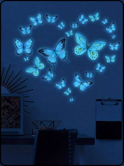 1pc Luminous Blue Butterfly Pattern Sticker With 25 Dots, Removable Waterproof Vinyl Stickers, Glowing In The Dark, Suitable For Living Room, Bedroom, Bathroom Wall Decoration, Home Decorbaby Shower Family Decorations Gifts