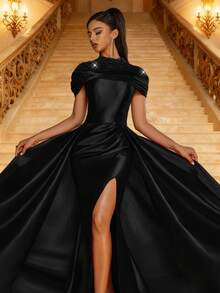 Smilprince 黑色高领珠饰肩部缎面开衩晚礼服，优雅女士晚礼服，正式及地舞会礼服，适合盛大晚宴、红毯、选美比赛、黑领结活动等场合。 - 黑色 - 查看 3