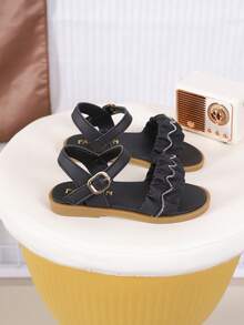 儿童时尚户外凉鞋，夏季方头平底鞋，系带凉鞋，新款女童鞋，时尚沙滩拖鞋 - 黑色 - 查看 5