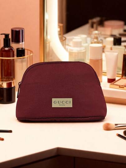 Gucci Materiel Beauty Maroon Dome Makeup Pouch, Makeup Bag, Textured Fabric Cosmetic Bag With Full Zip Closure And Woven Logo Label