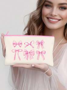 Multi-Piece Cute Sweet Bowknot Canvas Zipper Bags, Cosmetic Bags, Stationery Bags, Y2K Style Bowknot Makeup Bags, Jewelry Pouches, Snack Bags, Pen Cases, Travel Cosmetic Organizer Bags, Party Gift Bags, Multi-Functional Organizer Bags, Portable Clutches With Zippers For Lipstick, Brushes, Phones, Coins, Home, Travel, Beach, Pool, Party, School Use, Home Decor Bathroom Living Room Organizer Set - Beige - View 18