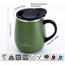 GRANDTIES - Taza de café aislante con asa, tapa deslizante para evitar salpicaduras, termo con forma de copa de vino de 16 oz con doble pared vacío de acero inoxidable(453 gramos (16 onzas) Verde oliva) - Multicolor - Ver 4