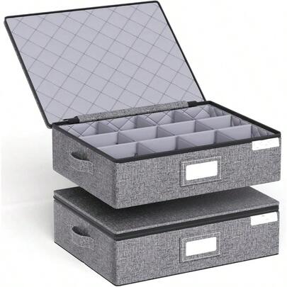 China Storage Containers Cup And Mug Storage Box With Hard Shell And Dividers For Coffee Mugs Tea Cups And Glasses Stackable Storage Organizer With Lid Zipper And Handles Grey 2 PCS