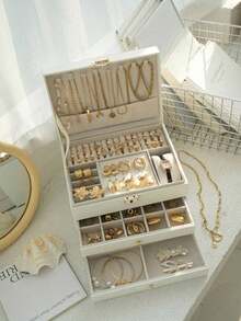 1pc 3-Tier Jewelry Storage Box, Watch Organizer, Earring Holder, Necklace Display, Bracelet Tray, Ring Case, Large Capacity 3-Layer Jewelry Box With Lock, Rectangular Jewelry Storage Box For Women,Room Decor - Multicolor - View 3