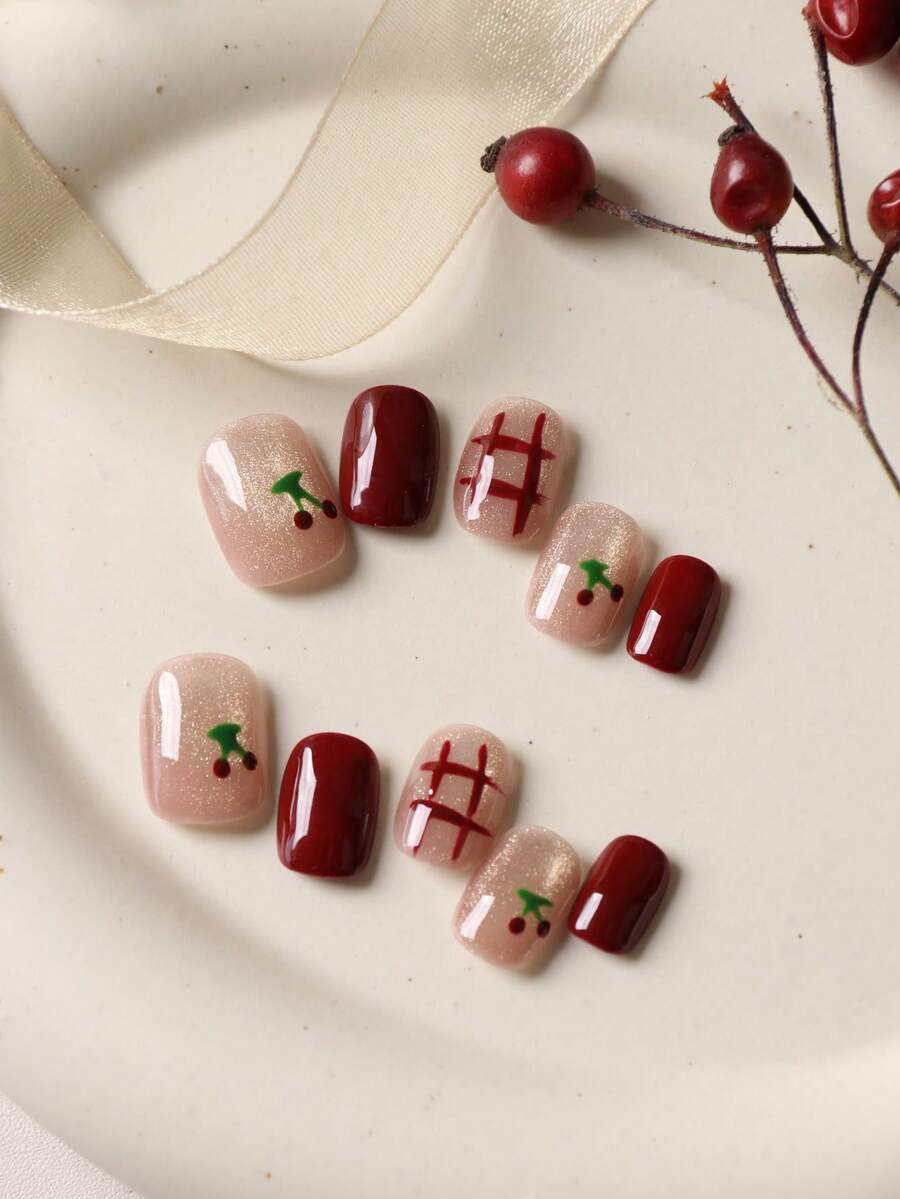 10pcs Acrylic Press On Nails Red Nails Cat's Eye Cherry Grid Nails Press On Nail Supplies Short Nail Fake Nails Artificial Nails Kit Includes 1sheet Adhesive Tabs &1 Pc Mini File - Multicolor - View 1