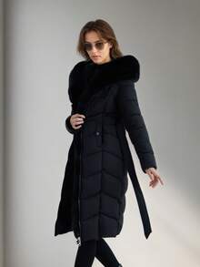 Women's Long Threaded Winter Coat With Faux Fur Hat - Warm Winter Outdoor Wear With Self-Locking Fit - Black - View 3