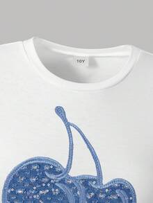 Tween Girl Letter Graphic Print Short Sleeve Top And Denim Skirt Set - White - View 3