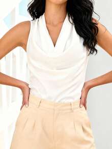 Women Satin Halter Tank Tops Fitted Solid Color Cowl Neck Sleeveless Shirts  Summer Streetwear - Màu be - Xem 2