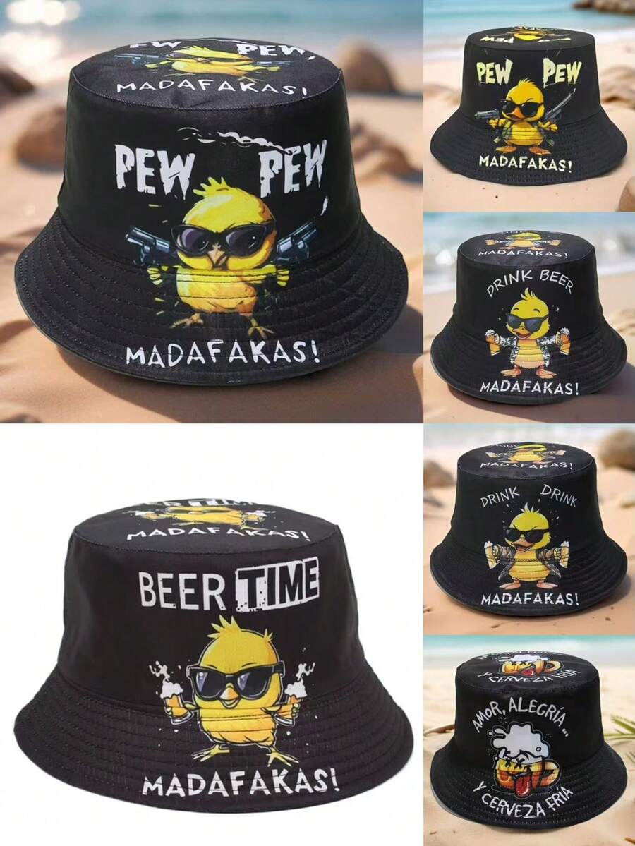 1 chiếc mũ unisex, hình vịt hoạt hình "BEER TIME" (Giờ uống bia) in hình bia cá nhân hóa, mũ tai bèo hai mặt "PEW PEW" (Bắn bắn), mũ chống nắng ngoài trời, mũ tai bèo thường ngày đa năng, mũ đôi dự tiệc, thích hợp sử dụng hàng ngày. - A - Xem 1