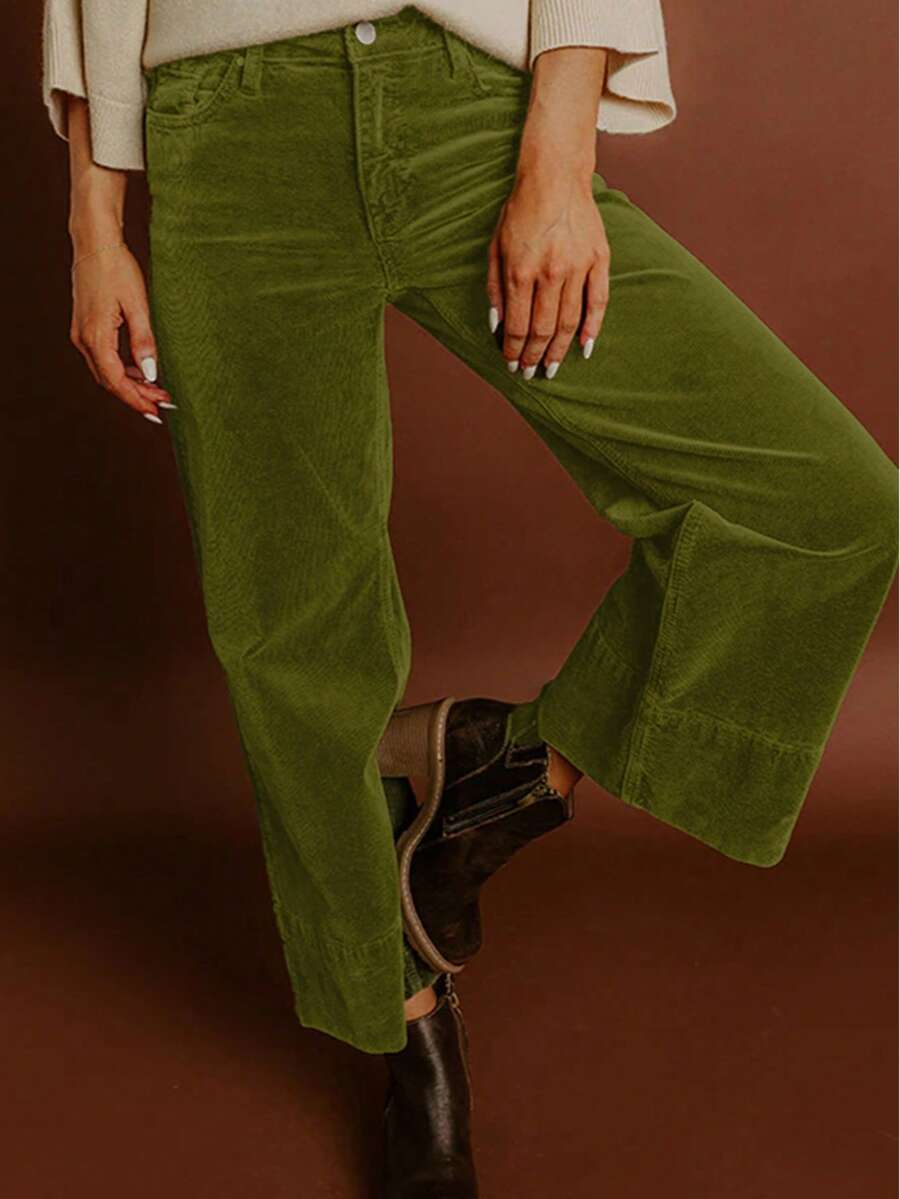 Solid Color High Waist Wide Leg Corduroy Pants - Vineyard Green - 查看 1