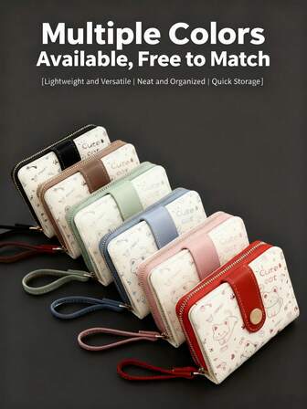 1PC Kawaii Aesthetic Cute Dainty Adorable Cat Coin Purse | High-Quality Textured Fabric Smooth Short Zipper Closure Mini Wallet | Lightweight Portable Easy-To-Carry Keychain Pouch For Women | Multi-Functional Small Bag For Coins, Cash, Credit Cards, ID Cards, Hair Ties & Small Accessories | Japanese-Style Cat Charm Fashion Accessory