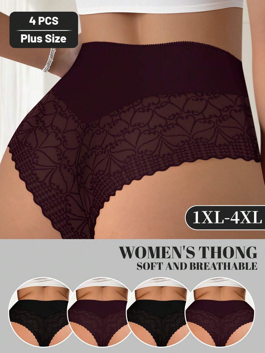 MEIYATING Quần lót lọt khe ren lưới viền cỡ lớn 4 chiếc/gói cho nữ, mềm mại, thoải mái, gợi cảm