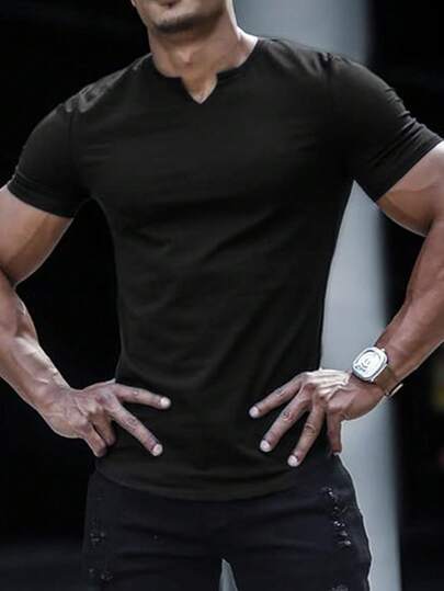 男士甜心领短袖纯色T恤，独特领口设计