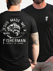 Men's Pure Cotton T-Shirt, "Winning Hearts Is Like Catching Fish" Shirt, Men's Christian Shirt, "Jesus Made Me A Fisherman" T-Shirt, Bible Verse T-Shirt, Faith Gift For Dad, Cross And Fishhook T-Shirt, Holiday Christian Gift. - 黑色 - 查看 1