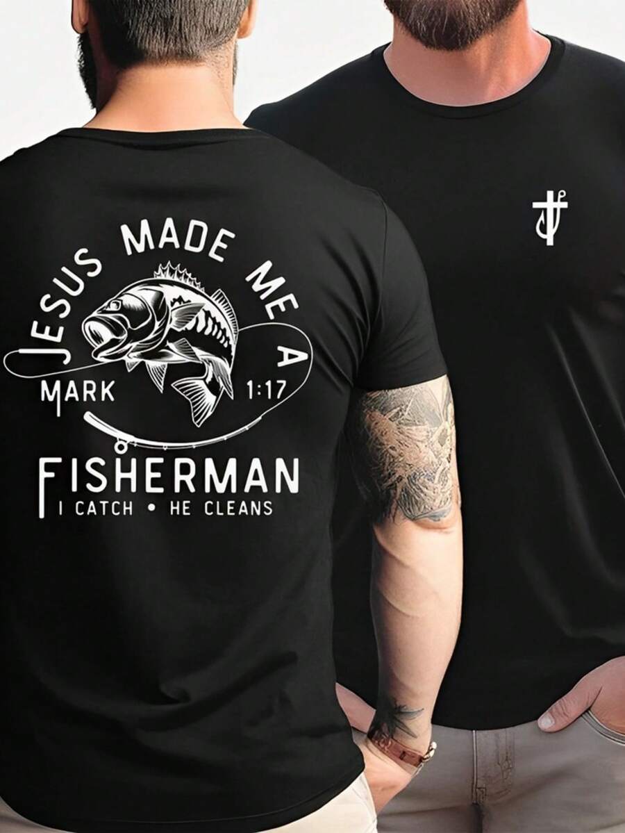 Men's Pure Cotton T-Shirt, "Winning Hearts Is Like Catching Fish" Shirt, Men's Christian Shirt, "Jesus Made Me A Fisherman" T-Shirt, Bible Verse T-Shirt, Faith Gift For Dad, Cross And Fishhook T-Shirt, Holiday Christian Gift. - 黑色 - 查看 1