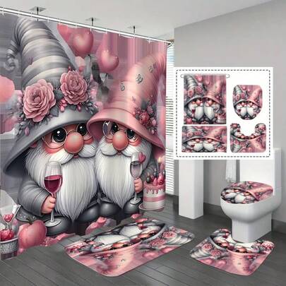 1/3/4pcs Valentine's Day Rose Flower & Gnome Wearing Glasses Shower Curtain Set, Bathroom Set With Shower Curtain And Rug, Waterproof Polyester Fabric Shower Curtain, Bathroom Decor, With 12 Hooks, Bathroom Curtain Shower Set, Home Decor, Holiday Decor, Valentine's Day Decor