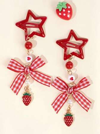 2个红色草莓樱桃发夹，带蝴蝶结，可爱甜美BB发夹，带长吊坠，可作礼物或发饰，爪夹，发夹，发卡