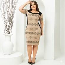 Red And White Midi Dress, Modest Plus Size, Formal - Mocha Brown - View 2