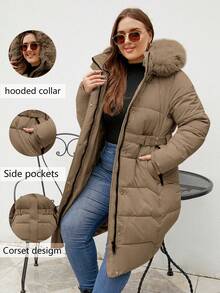 Giolshon Stylish Plus Size Coat With Hood For Women, Keeps You In Fall And Winter, Perfect For Outdoor And Commute Wear. - Brown - View 2