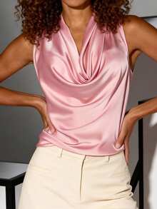Women Satin Sleeveless Tank Tops Cowl Neck T Shirts Summer Streetwear - Hồng - Xem 3