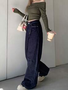女士口袋直筒宽松休闲百搭牛仔裤 春季款 - 深藍色 - 查看 4