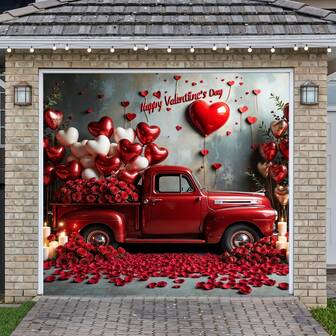1 szt. Romantyczny baner garażowy na Walentynki, z czerwoną, zabytkową ciężarówką i balonami w kształcie serca, tło do ogrodu i na święta z różami i świecami, odpowiedni na zaręczyny i świętowanie, szczęśliwych Walentynek, dekoracja ślubna