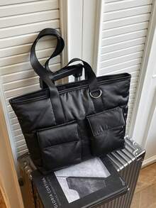 Large Capacity Tote Bag, Nylon Material Shoulder Bag, Sturdy & Durable Casual Commuter Bag For Students - Black - View 9