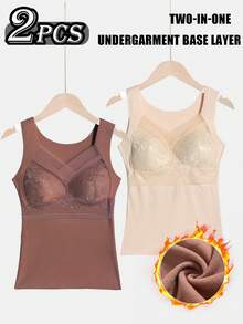 2Pcs Women's Thickened Warm Fleece Lined Halter Vests - Winter Warmth,Underwear With Bra Integrated Design, Elegant Lace Edge Design, Can Be Layered Under Dresses And Tops, Comfortable Underwear, Fashionable Innerwear, Suitable For Cold Weather - 杏色 棕色 - 查看 5