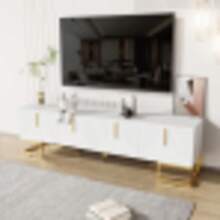 TV-Schrank, Lowboard With Structured Tür, TV-Möbel, Golden Griffen And Golden Füßen - White 1 - View 3