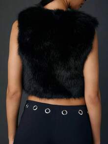 Faux Fur Vest Women Fall Fashion Sleeveless Fuzzy Jacket Fluffy Coats Winter Clothing Furry Outerwear Vests - 黑色 - 查看 3
