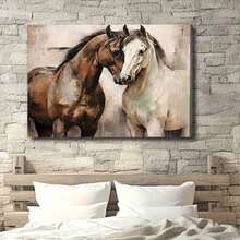 1 Pieza de Arte de Pared en Lienzo de Caballo Retro en Marco - Estilo Country y Decoración Ecuestre, Escena de Establo en Tonos Cálidos con Bombillas Brillantes, Parejas y Amantes de la Naturaleza, Obra de Arte Interior Acogedora | Arte de Pared | Obra de Arte Terrestre, Amantes de los Caballos, 2D, Decoración de Habitación Dormitorio - Multicolor - Ver 5