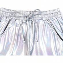 Pantalones cortos metlicos para mujer, para yoga, brillantes, con cordn y cordn - CH + Color Metálico - Ver 3