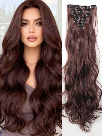 18-30inch Long Wavy Clip-In Hair Extensions, 7pcs/Set Thick Hair Pieces With Invisible Clips, Soft Synthetic Fiber, Black, For Women