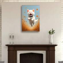 Happy Kitten Modern Art Canvas Poster With Wooden Frame – Playful White Cat In Autumn Field, Warm Orange & Yellow Hues, Perfect For Living Room, Bedroom, Or Dining Room Wall Decor, Ideal Gift Choice, Cat Lover Gifts,Canvas Wall Hanging, Suitable For Hanging - 白色 - 查看 2