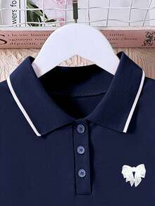 Tween Girl Bow Print Casual Sleeveless Polo Collar Half-Zip Dress - Royal Blue - View 3