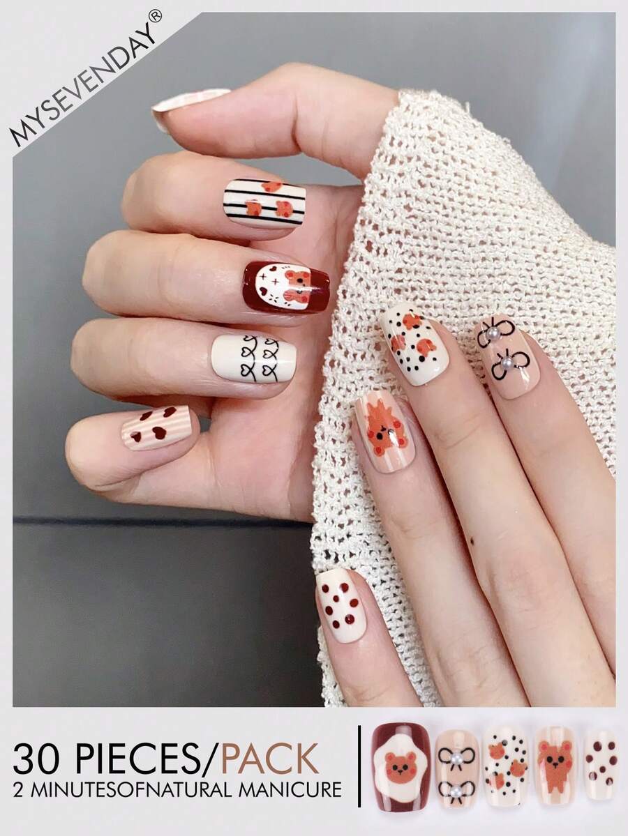 30 Pieces Press On Nails Square/Short Square Nail Art With Leopard Cartoon Pattern And Pearl Decoration/Perfectly Fitting Acrylic Fake Nail Set, Including 1 Jelly Glue And 1 Nail File, Suitable For Women's Daily Work, Study, And Gatherings In Autumn And Winter Nail Products Suitable For Gatherings, Festivals , And Daily Use Nail Supplies - Multicolor - View 1