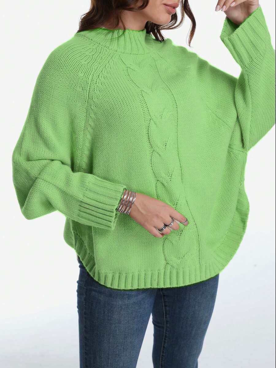 Plus Size Casual Solid Color Batwing Sleeve Pullover Sweater, Autumn/Winter - Green - View 1