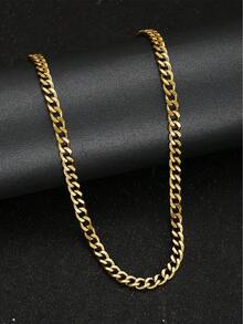 1pc Unisex Stainless Steel Cuban Link Chain Necklace, Suitable For Daily Wear - Gold - View 3
