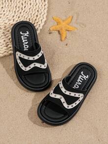 1 Pair Girls' Summer Slippers, New Pearl Design Fashion Princess Sandals, Children Soft Bottom Shoes, Toddler Beach Shoes, Stylish For Girls - Black and White - View 3