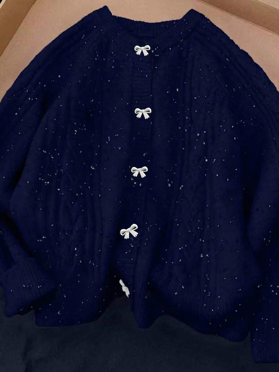 女士针织开衫，正面饰有彩色蝴蝶结，纽扣闭合，日常穿着，春秋季 - 藏蓝色 - 查看 1