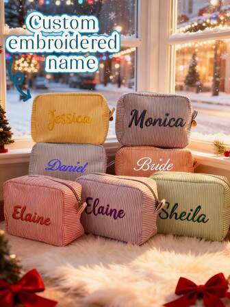 1 PIEZA Bolsa de maquillaje con bordado de letra personalizada - Regalo para dama de honor personalizado y favor de boda para despedida de soltera, bolsa de aseo de viaje multifuncional. Un diseño elegante y estiloso que combina elegancia vintage y encanto moderno, con opciones de unicolor/colorido y comodidad suave. Organizador de belleza personalizado único, regalo ideal para ella