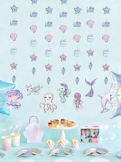 7件套美人鱼主题纸质挂饰，美人鱼尾巴水母海豚图案挂旗，美人鱼主题派对装饰，美人鱼生日派对装饰，婚礼派对装饰，迎婴派对装饰，派对背景装饰，生日派对用品