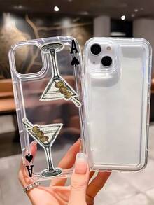 1pc Fashionable Personalized Playing Card & Cocktail Pattern Transparent TPU Shock-Absorbing Phone Case Compatible With IPhone 16/16Pro/16Plus/15/15ProMax/15Pro/11/12/13/14ProMax/12Mini/13Mini/11Pro/11ProMax/12Pro/12ProMax/13Pro/13ProMax/14Pro/14ProMax, Soft Case With Elegant Feel - Multicolor - View 4