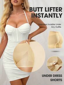 一件装女士无缝塑身衣，带衬垫胸部、收腰、提臀，圣诞连衣裙连体衣，塑形内衣，收腹短裤 - 杏色 - 查看 7